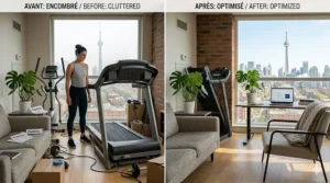 A photorealistic illustration showcasing a woman using a space-saving treadmill for a small home indoors during a snowy Canadian winter.