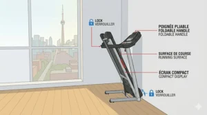A photorealistic illustration of a woman standing next to a space-saving treadmill for a small home that is folded vertically for compact storage against a wall.