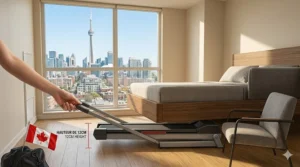 A photorealistic illustration of a woman using a laptop at an adjustable standing desk while walking on an under-desk space-saving treadmill for a small home office.