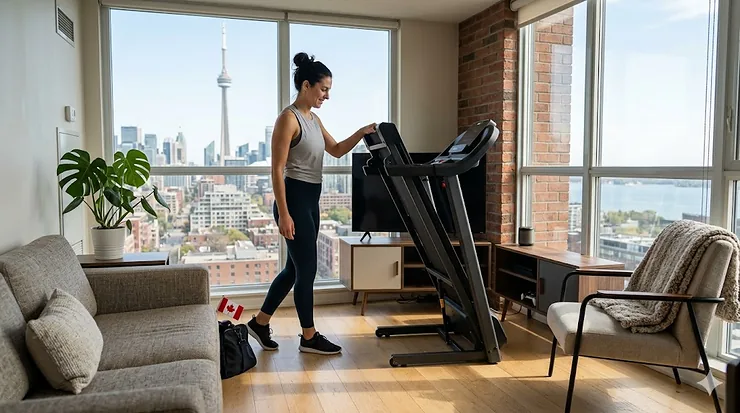 A photorealistic, 4K quality image of a woman using a compact, space-saving treadmill for a small home in a Toronto condo with the CN Tower in the background.