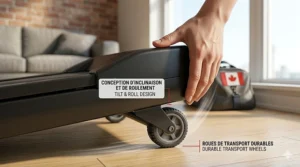 A photorealistic infographic highlighting the quiet motor and eco-friendly features of a space-saving treadmill for a small home, suitable for condo living.