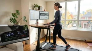 Person walking on an ultra compact treadmill while working.