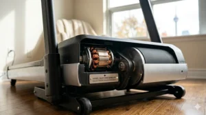 Close-up of quiet motor technology on an ultra compact treadmill.