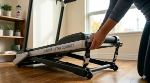 Ultra compact treadmill showing easy assembly with no tools.