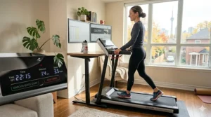 Ultra compact treadmill showing ergonomic foldable handrails.