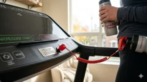 Safety clip feature attached to an ultra compact treadmill.