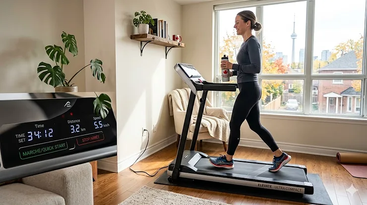Ultra compact treadmill set up in a modern Canadian home office.