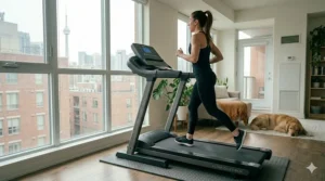 Person exercising on a quiet treadmill in a small apartment.
