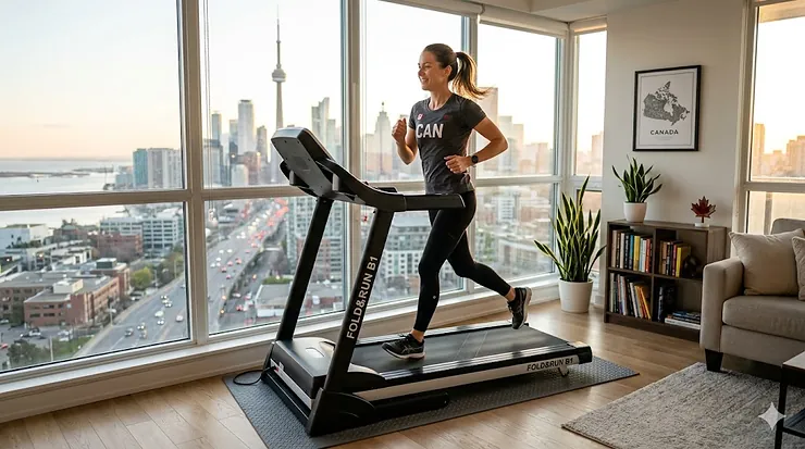 A compact budget folding treadmill set up in a modern Canadian apartment living room with a city view.