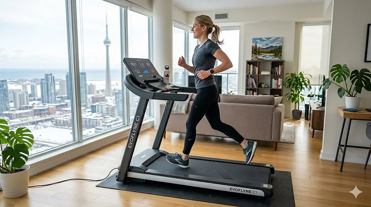 Person running on a high-quality flat fold treadmill in a bright, modern Canadian home. flat fold treadmills