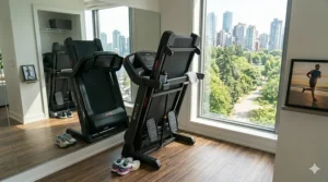 A sleek, flat-folding walking pad under a home office desk, perfect for remote workers in Canada seeking the best folding treadmills for walking.