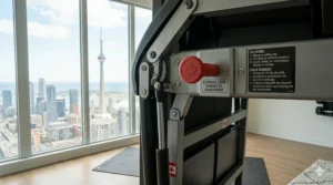 Clear bilingual safety instructions on the frame of our vertical folding treadmills.