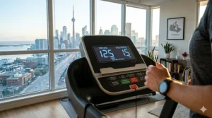 Illustration of a budget folding treadmill digital console displaying speed in km/h for Canadian runners.