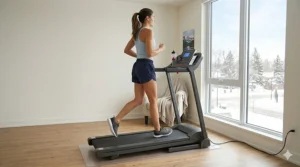 Illustration of a Canadian working out indoors during winter using a compact folding treadmill for apartments.