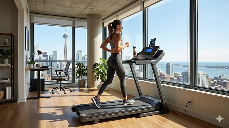 A person running on a compact folding treadmill for apartments in a modern Canadian high-rise condo with a city view.