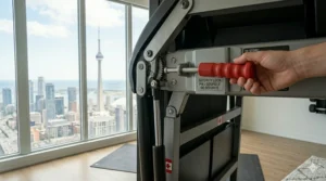 The digital console display on a high-performance vertical folding treadmill.