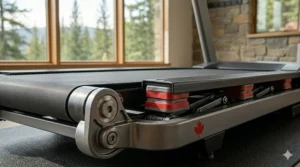 Detailed view of the shock-absorbing, cushioned running deck on a premium non-folding treadmill.