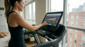 Modern digital console on a quiet apartment-friendly treadmill.
