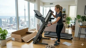 A customer demonstrating how to set up a pre-assembled flat fold treadmill in minutes.