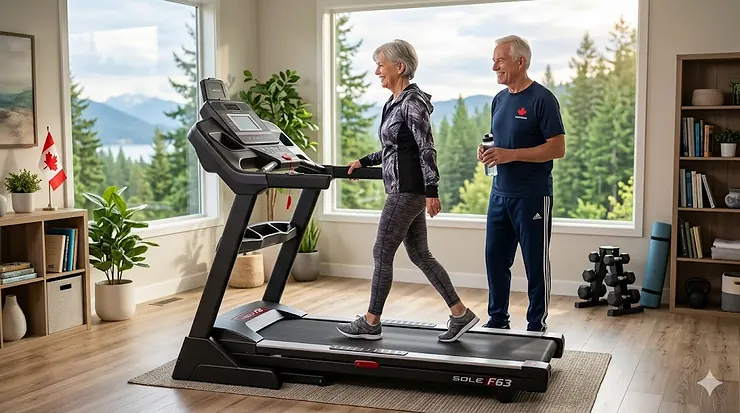 An active senior using an easy folding treadmill for home exercise.