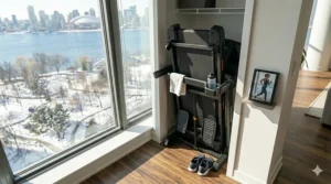 A versatile folding treadmill in a basement gym, suitable for Canadian families looking for the best home exercise equipment.