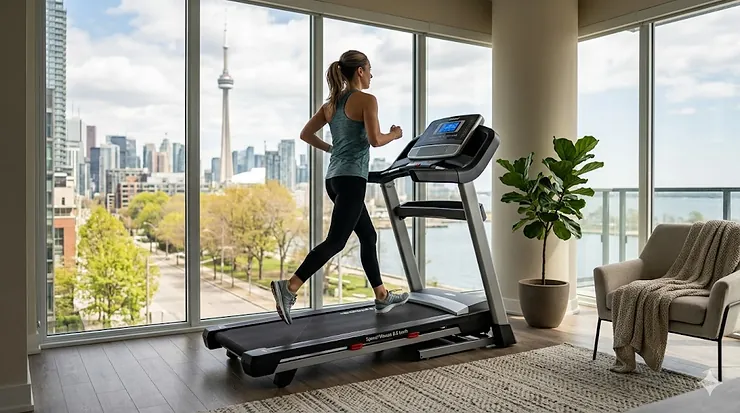 A person running on a high-quality folding treadmill in a modern Toronto condo with floor-to-ceiling windows, highlighting a space-saving home gym setup. folding treadmill buying guide