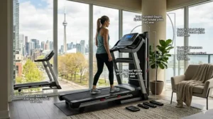 Diagram showing a folding treadmill's footprint in both open and folded positions, labeled in centimeters for Canadian buyers.