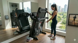 High-quality deck and shock absorption system of a top-rated folding treadmill designed for heavy use in Canadian households.