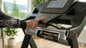 Easy hydraulic mechanism for folding a home treadmill safely.