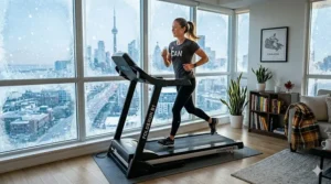 Illustration of someone running on a budget folding treadmill inside a warm home during a Canadian winter.