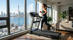 Person running on a sturdy folding treadmill while snow falls outside a Canadian window, highlighting the best indoor winter cardio gear.
