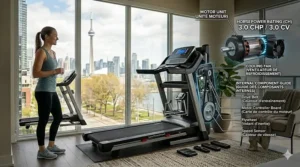Illustration of a runner using a treadmill indoors while it snows outside, emphasizing the "folding treadmill buying guide" for winter fitness.