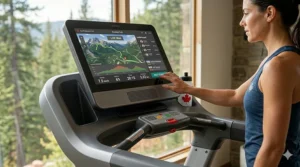 User interacting with a high-definition touchscreen on a non-folding treadmill during a workout.