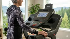 Senior performing low-impact walking on a folding home treadmill.