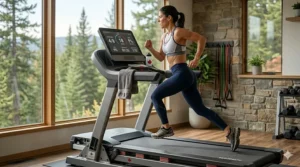 Runner performing high-intensity interval training on a non-folding, performance-focused treadmill.