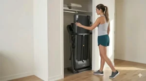 Illustration of the built-in wheels on a compact folding treadmill for apartments, showing how easy it is to move.