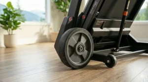 Transport wheels on a folded treadmill for easy mobility at home.