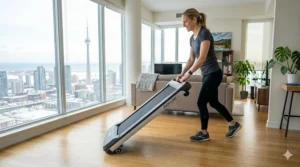 A user rolling a lightweight flat fold treadmill across a living room floor on transport wheels.