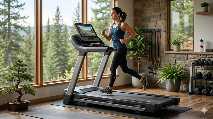 Sturdy non-folding treadmill in a modern Canadian home gym, ideal for intense cardio training. non-folding treadmills