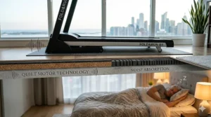 Illustration of a quiet budget folding treadmill with shock absorption, ideal for Canadian townhomes and apartments.