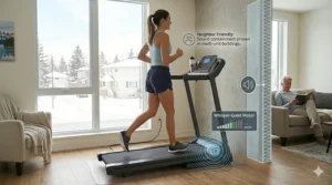 Infographic demonstrating the low-noise, quiet motor features of a compact folding treadmill for apartments.