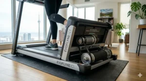 Close-up of a quiet motor on a flat fold treadmill, perfect for Canadian condo living.