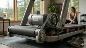 Quiet and smooth operation of a premium non-folding treadmill in a home workout setting.