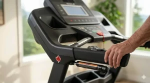 Close-up of safety handrails on an easy folding treadmill for seniors.