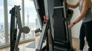 Close-up of the secure latch on our vertical folding treadmills for safe storage.