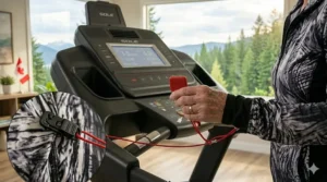 Safety emergency clip attached to a user on a folding treadmill.