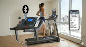 UI illustration of a smartphone app tracking distance in kilometers connected to a compact folding treadmill for apartments.