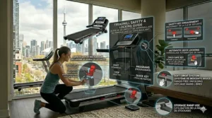 A flat-folding treadmill being tucked under a bed or into a closet, demonstrating ease of storage in small homes.