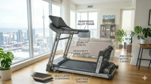Side profile of a robust, heavy-duty flat fold treadmill frame designed for stability.