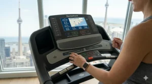 Durable transport wheels on a vertical folding treadmill for easy movement.